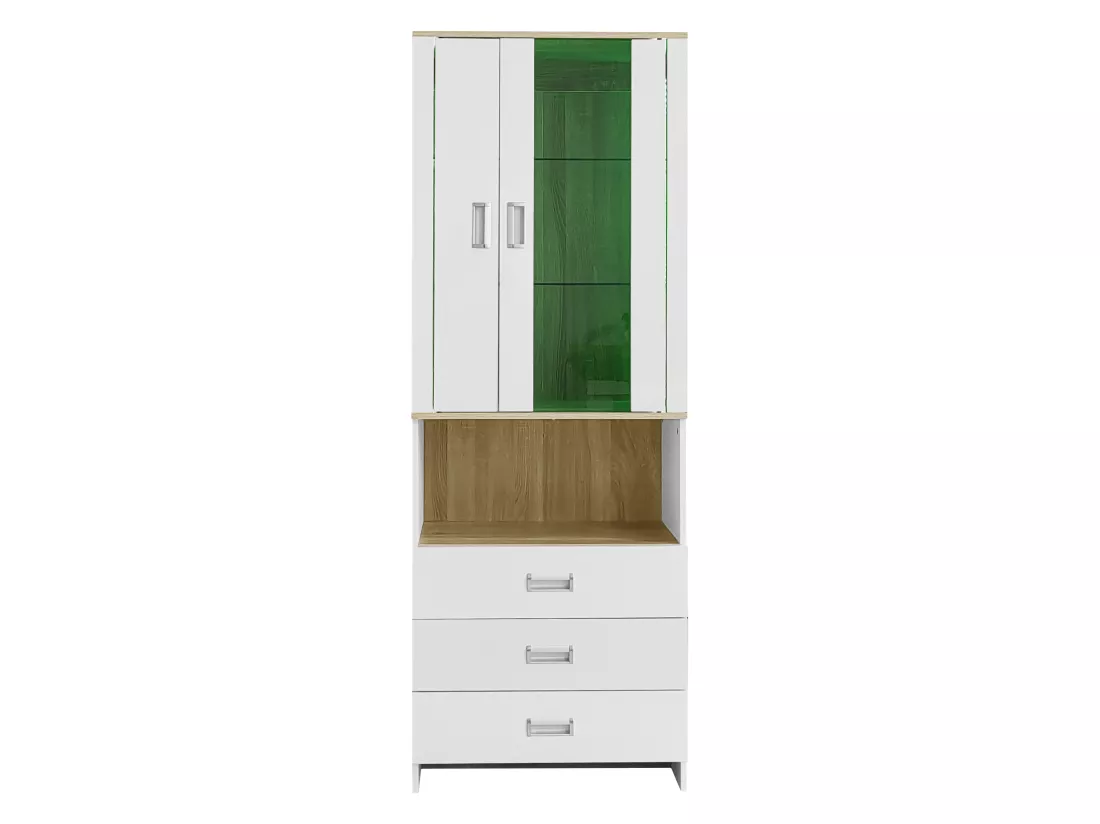 Vitrine H 180cm avec LED - 2 portes et 3 tiroirs - Blanc