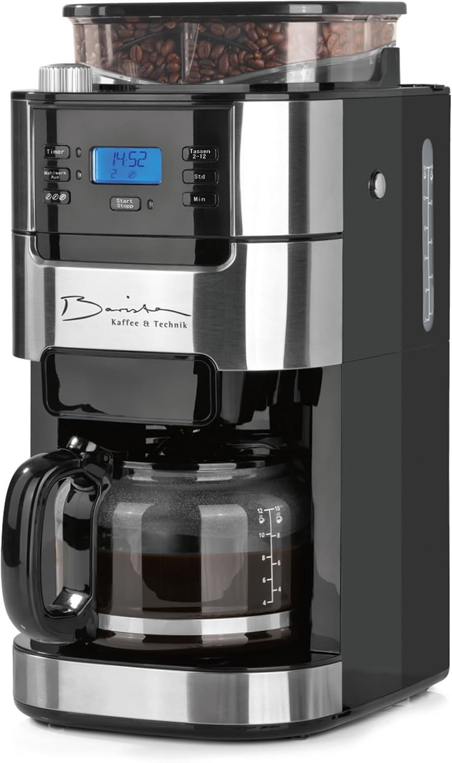 Barista Filterkaffeemaschine mit verstellbarem Mahlwerk & Glaskanne | Warmhaltefunktion, 24h Timer & Permanentfilter | Für 10 Tassen Kaffee | Kaffeemaschine für Bohnen & Pulver [Edelstahl]