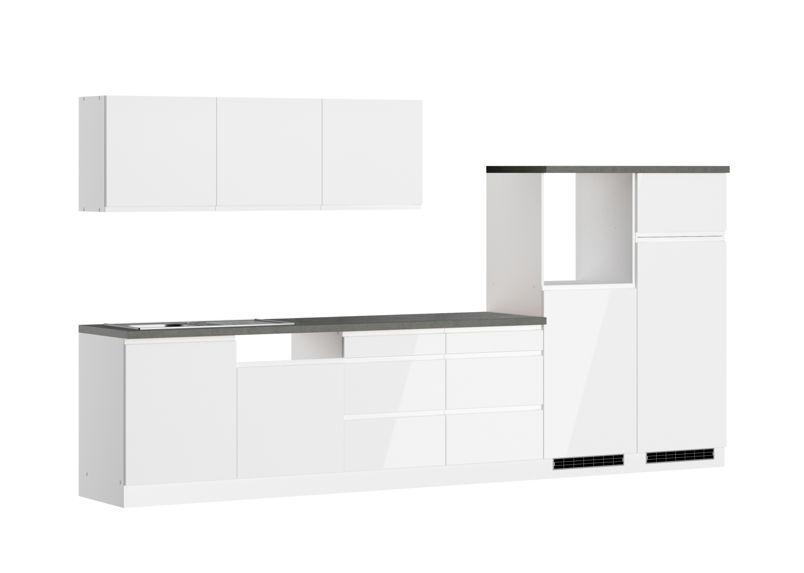 Küchenblock MONZA - weiß Hochglanz - Beton-Optik - 360 cm