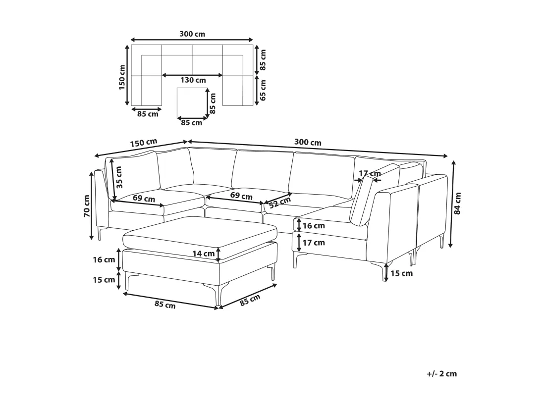 Canapé panoramique modulable en velours gris 6 places avec pouf EVJA