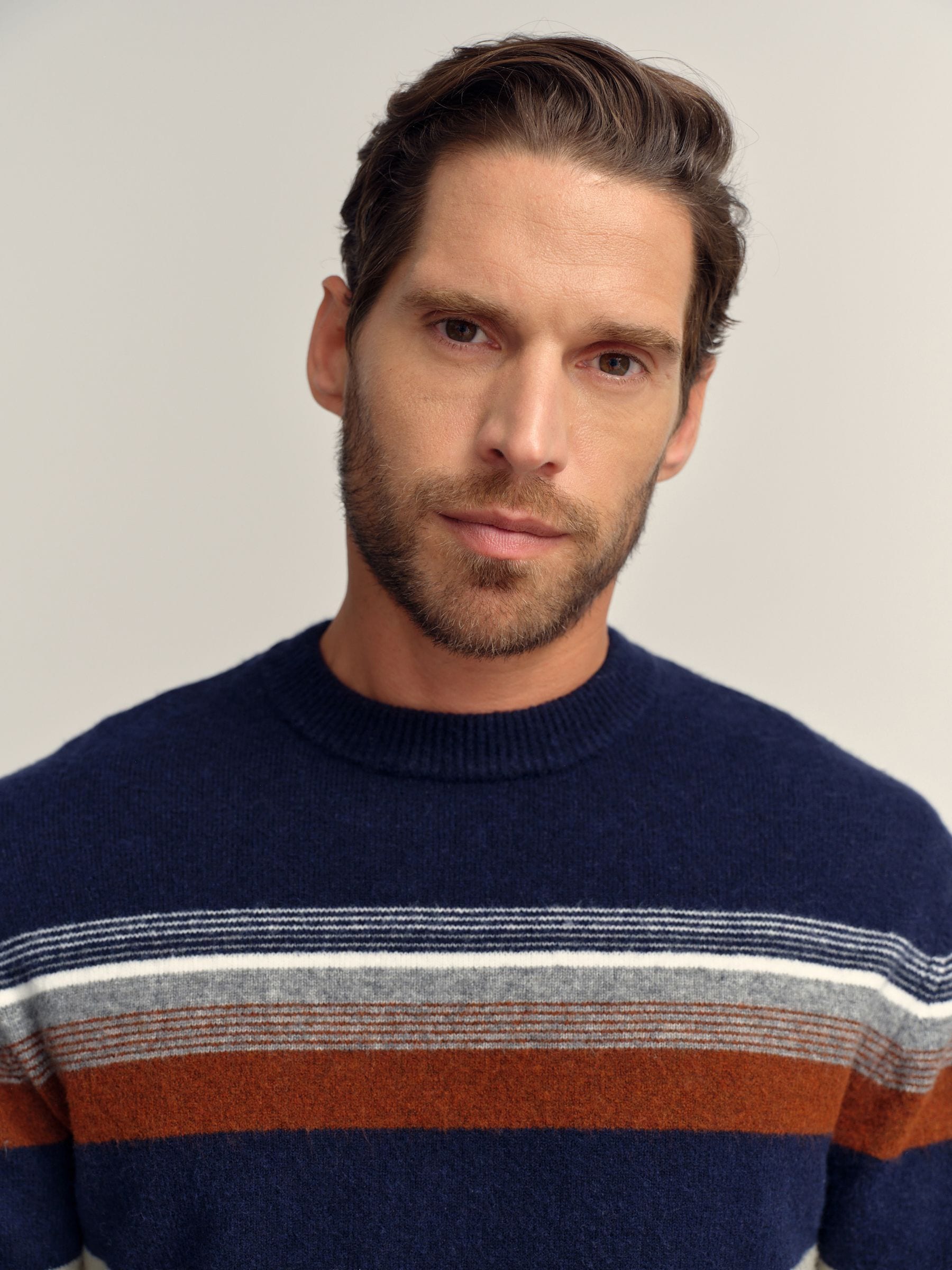Donkerblauw - Regular Fit Cosy Stripe Crew Jumper with Wool