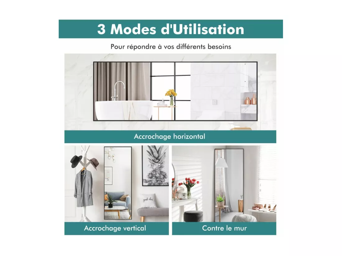 Miroir Mural avec cadre aluminium 150x4x56cm, HD Miroir en verre antidéflagrant, Miroir en Pleine Longueur pour Installation Horizontale ou Verticale, pour salle de bain, chambre, salon (Noir)