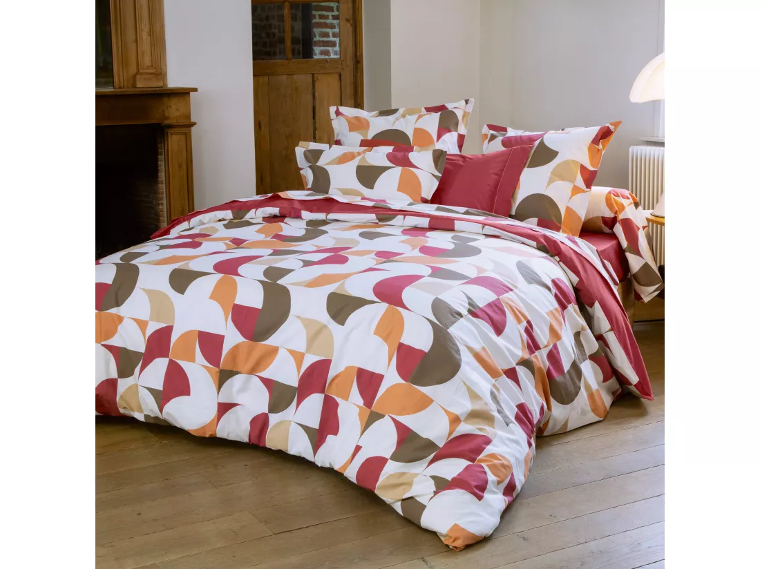 Drap plat 180x290 cm en 100% percale de coton MODULO blanc acajou