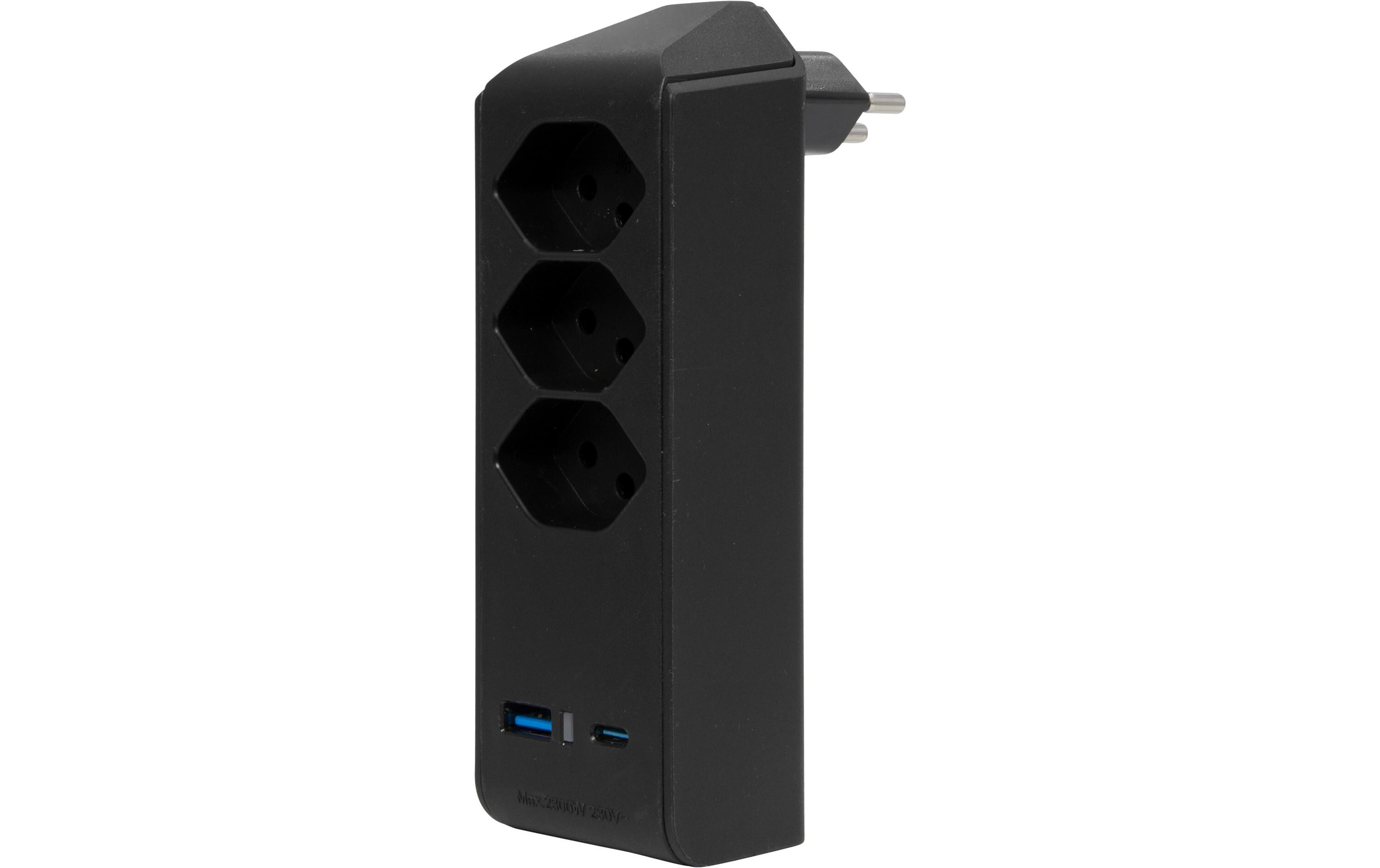 Abzweigstecker 3 x T13, 1 x USB A, 1 x USB C, 300° drehbarStabiler, formschöner Mehrfachstecker ohne Schalter aus hochbruchfestem Kunststoff