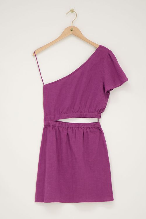 Paarse one-shoulder jurk met cut-out