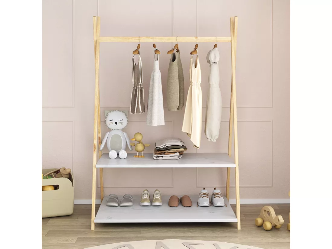 Penderie enfant DANILO avec tringle à vêtements et deux étagères, design tipi, en bois massif, coloris naturel/ blanc