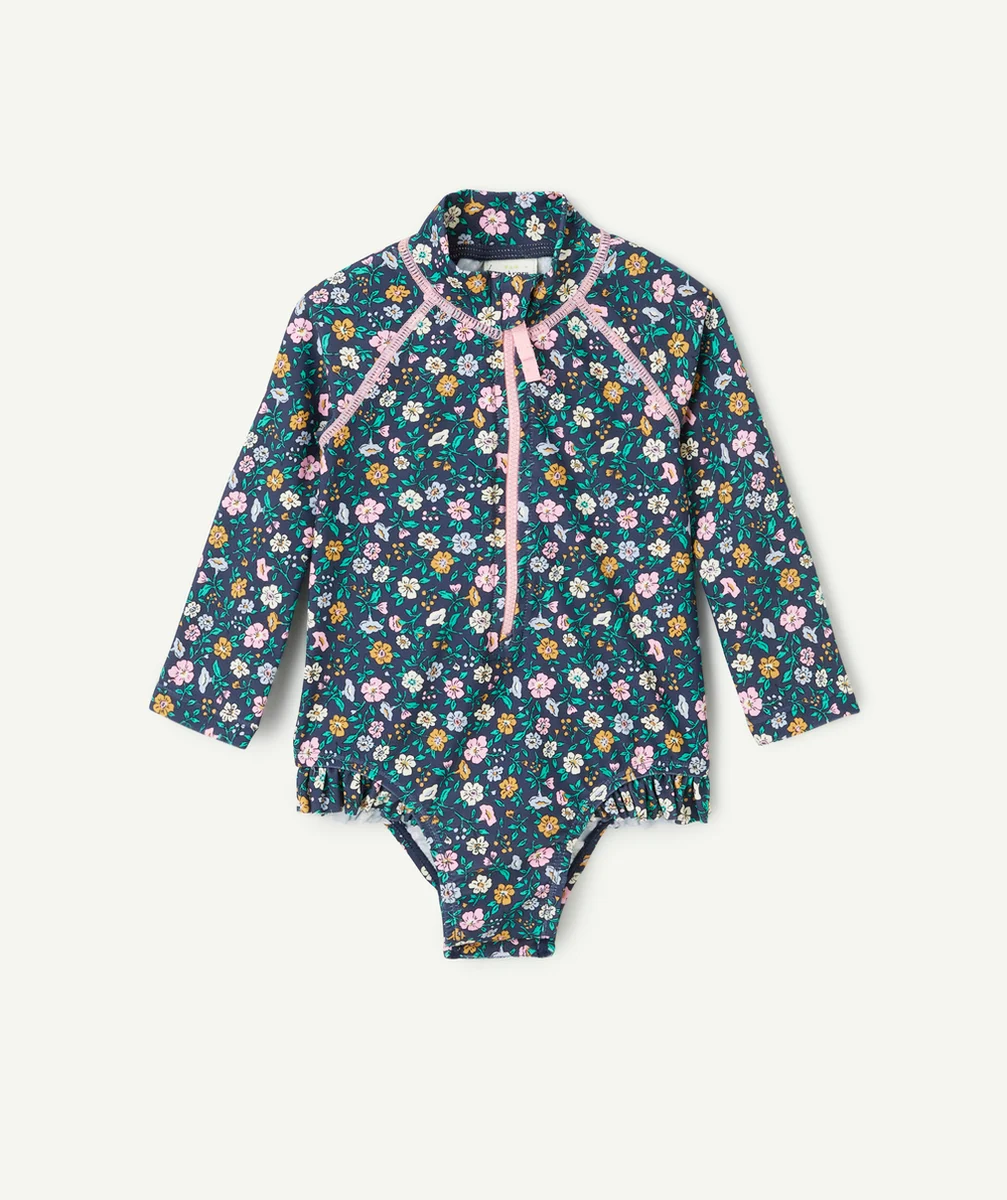 COMBINAISON ANTI-UV BÉBÉ FILLE EN FIBRES RECYCLÉES BLEU AVEC IMPRIMÉ FLEURI
