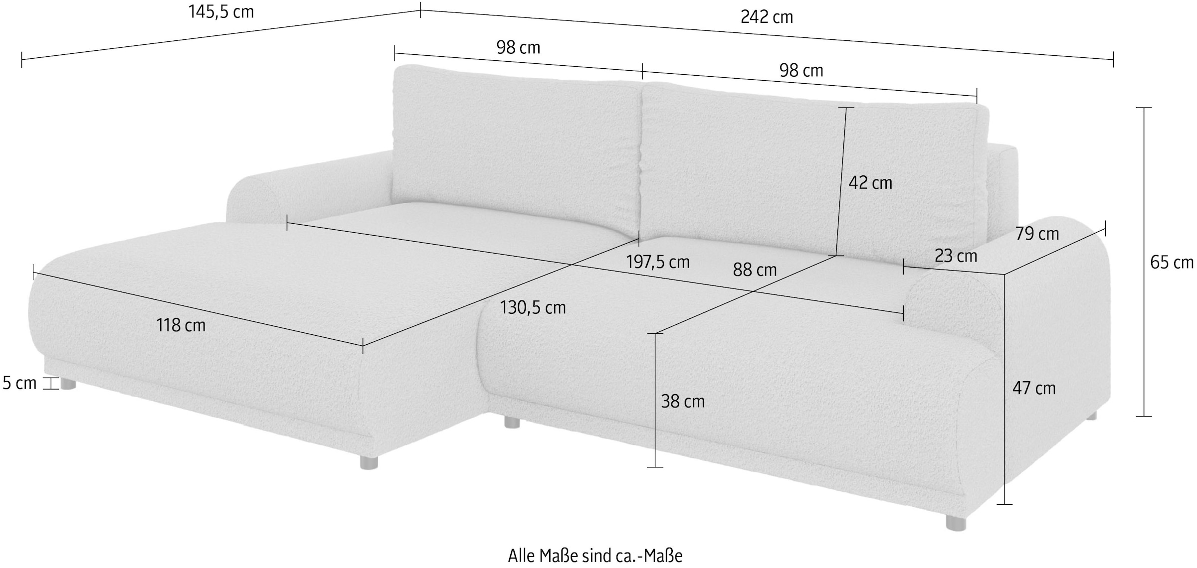 Home affaire Ecksofa »Marsby, mit Bettfunktion und Bettkasten, Masse: B/H/T 242/65/145 cm« L-Form mit Wellenunterfederung, Recamiere links oder rechts bestellbar