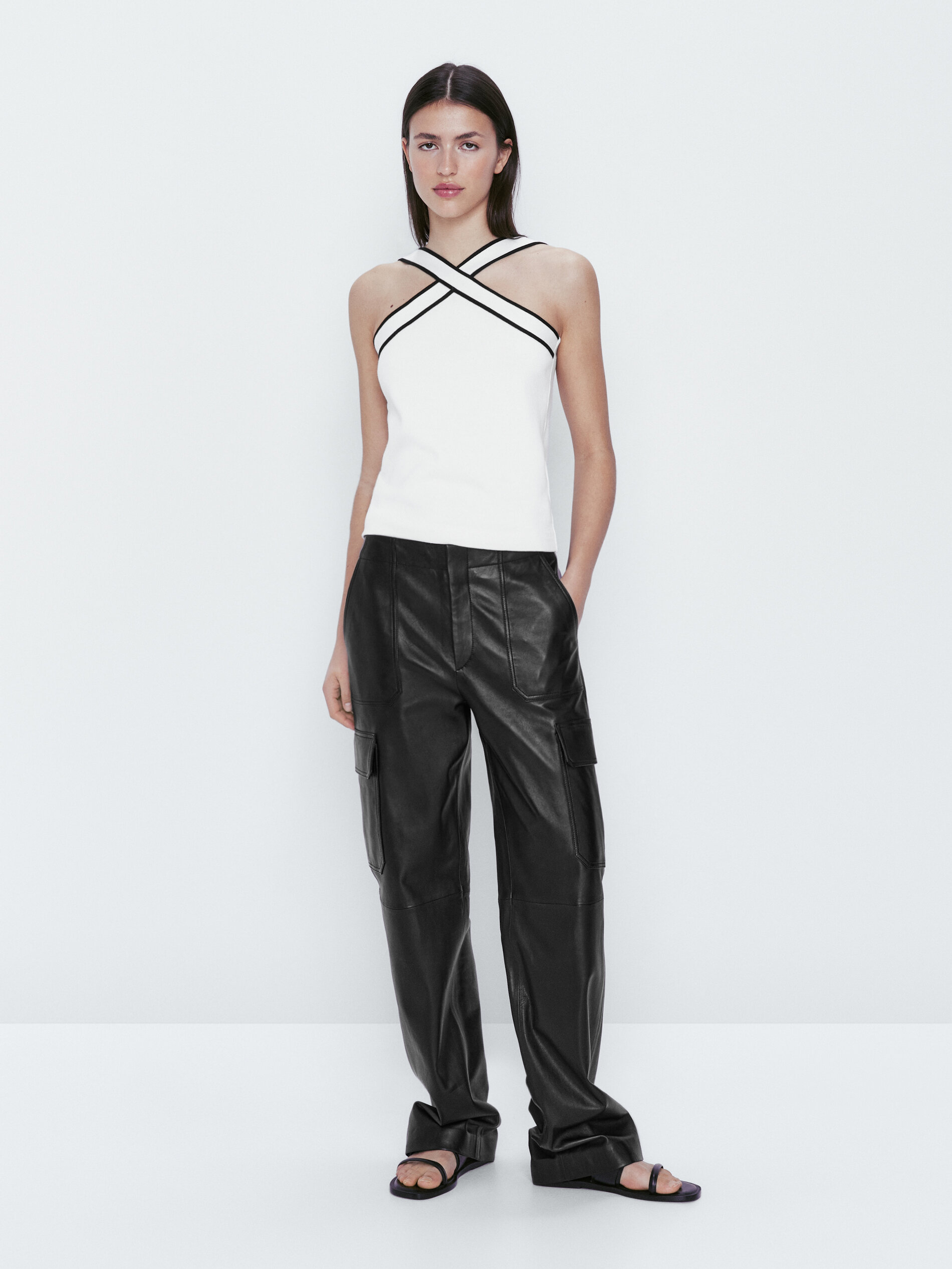 Blusa de algodão com decote cruzado contrastante - OFF-WOVEN