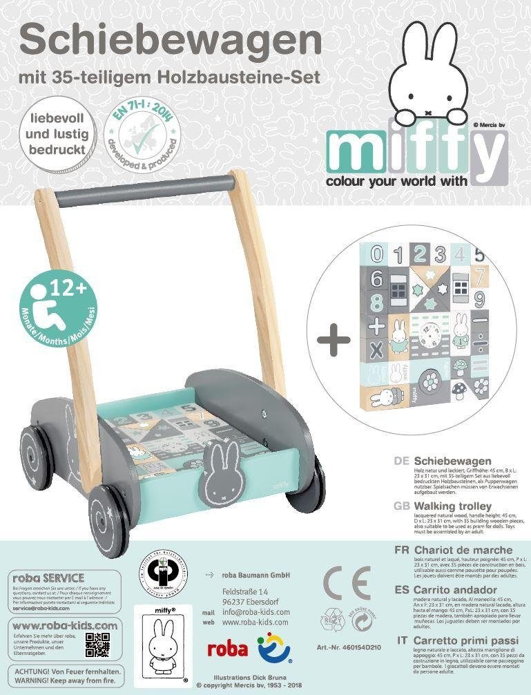 roba® Lauflernwagen »miffy®« mit 35-teiligem Holzbausteine-Set