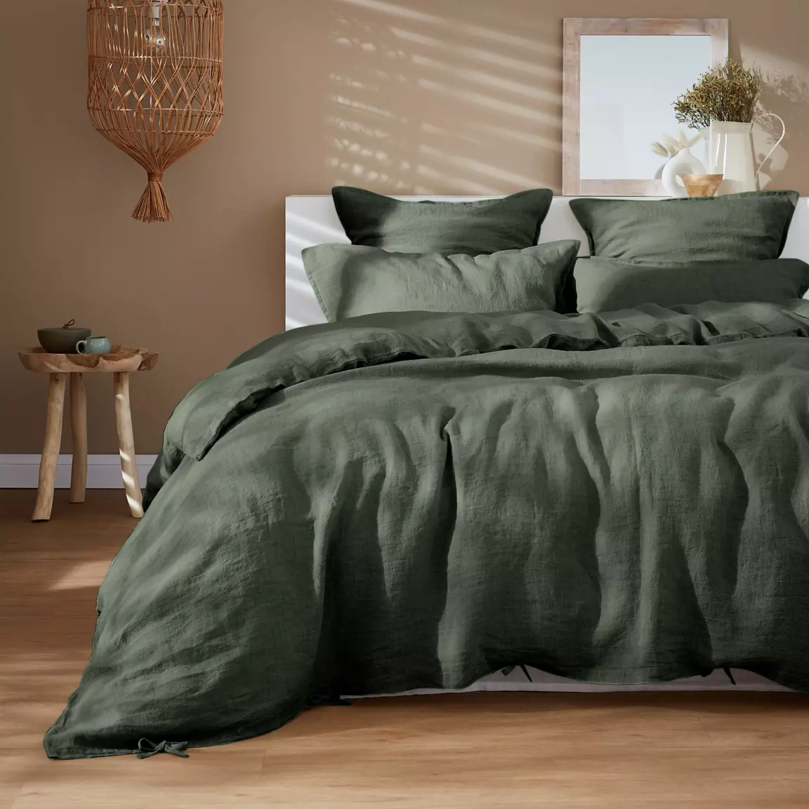 Drap housse lin lavé (180 x 200 cm) Louise Vert romarin