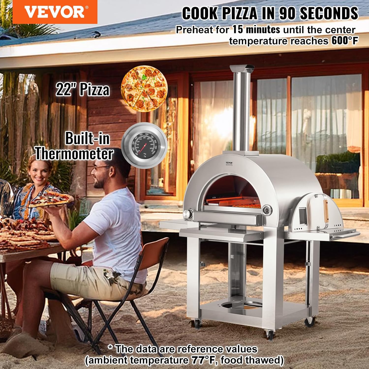 VEVOR Pizzaofen für den Außenbereich tragbarer 558mm Pizzamaker, pellet- und gasbetriebener Outdoor-Pizzaofen mit verdicktem Cordierit-Pizzastein, für Camping und Garten