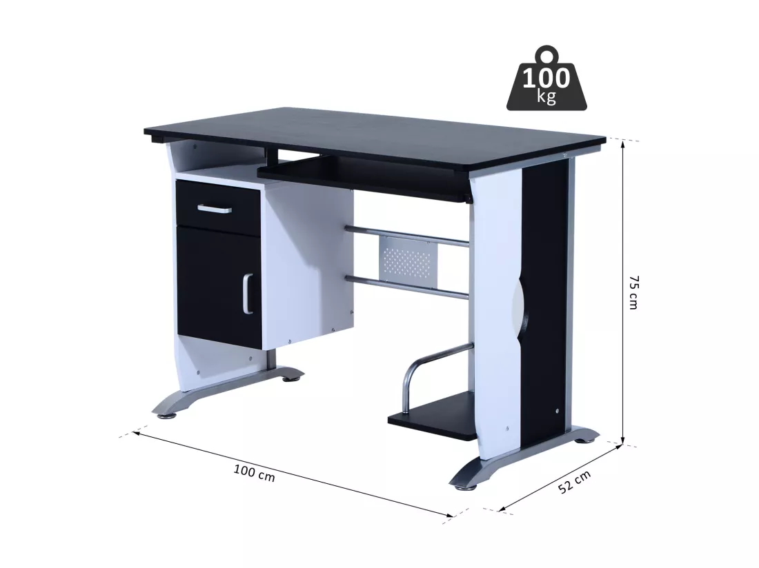 Bureau informatique design en mdf 100 L x 52 I x 75H cm noir et blanc