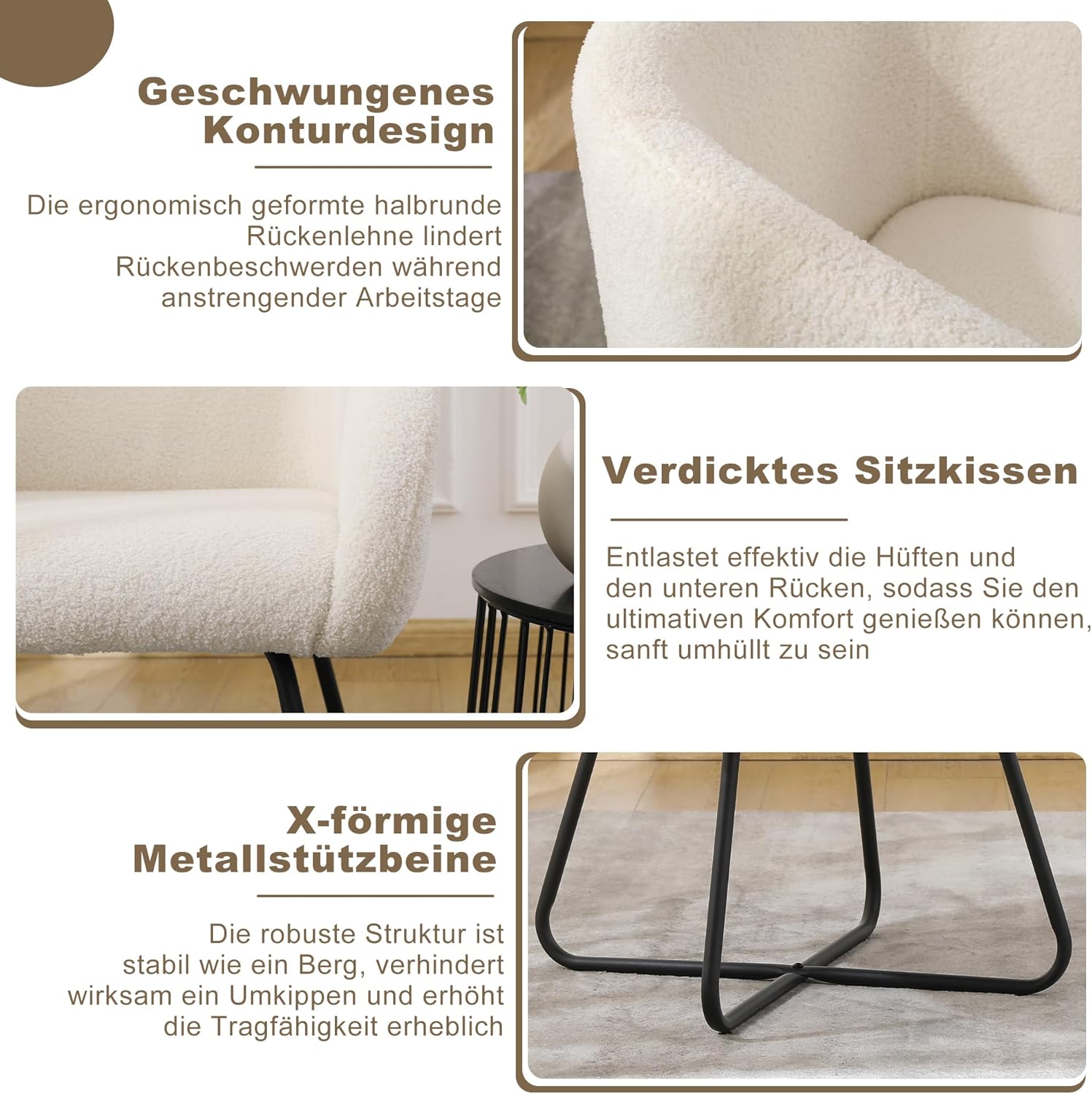 Mingone Sessel Lounge Loungesessel für Wohnzimmer Lammwolle Polsterstuhl Stuhl Weiß mit Armlehnen Cocktailsessel Modern Schwarz Metallbeinen für Schlafzimmer Last bis 120 kg