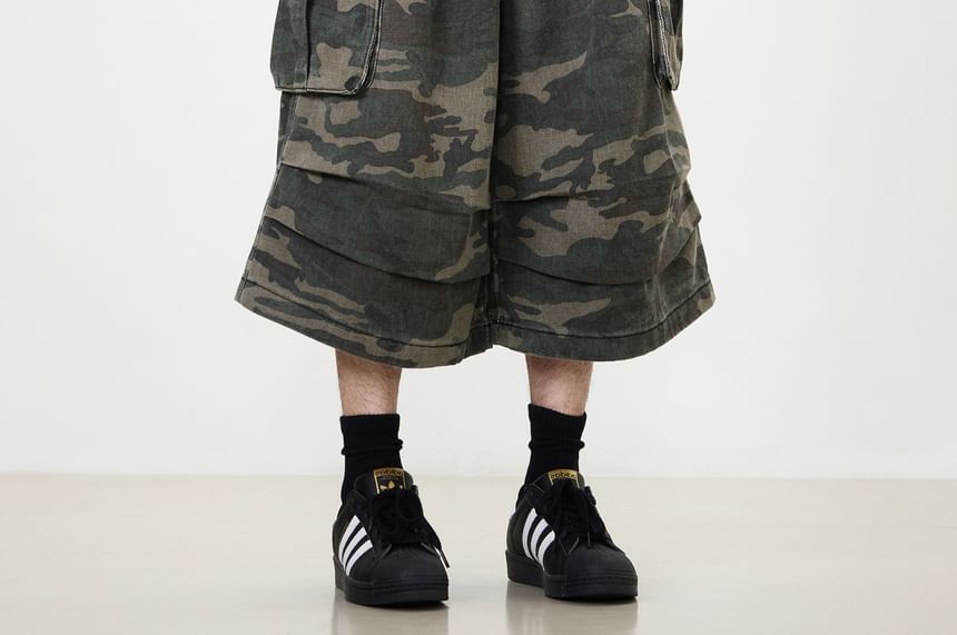 Adotuiastic - Mid Rise Camo Print Washed Wide Leg Cargo Jeans