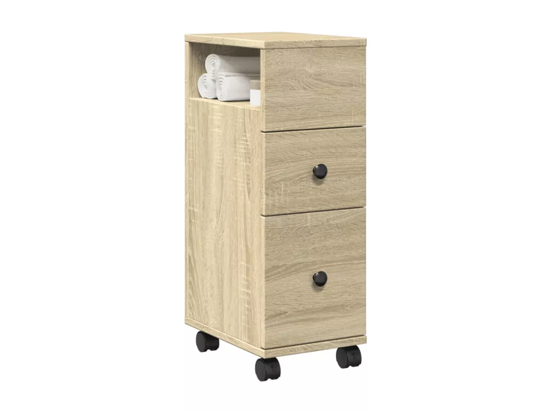 Meuble étroit de salle de bain à roulettes chêne sonoma