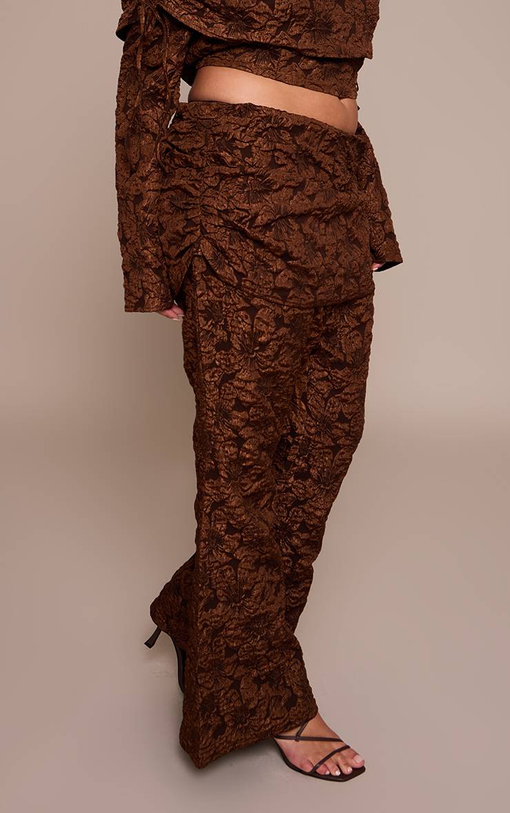 Chocolat Pantalon Large Grande Taille À Motif Floral Jacquard Avec Taille Repliée