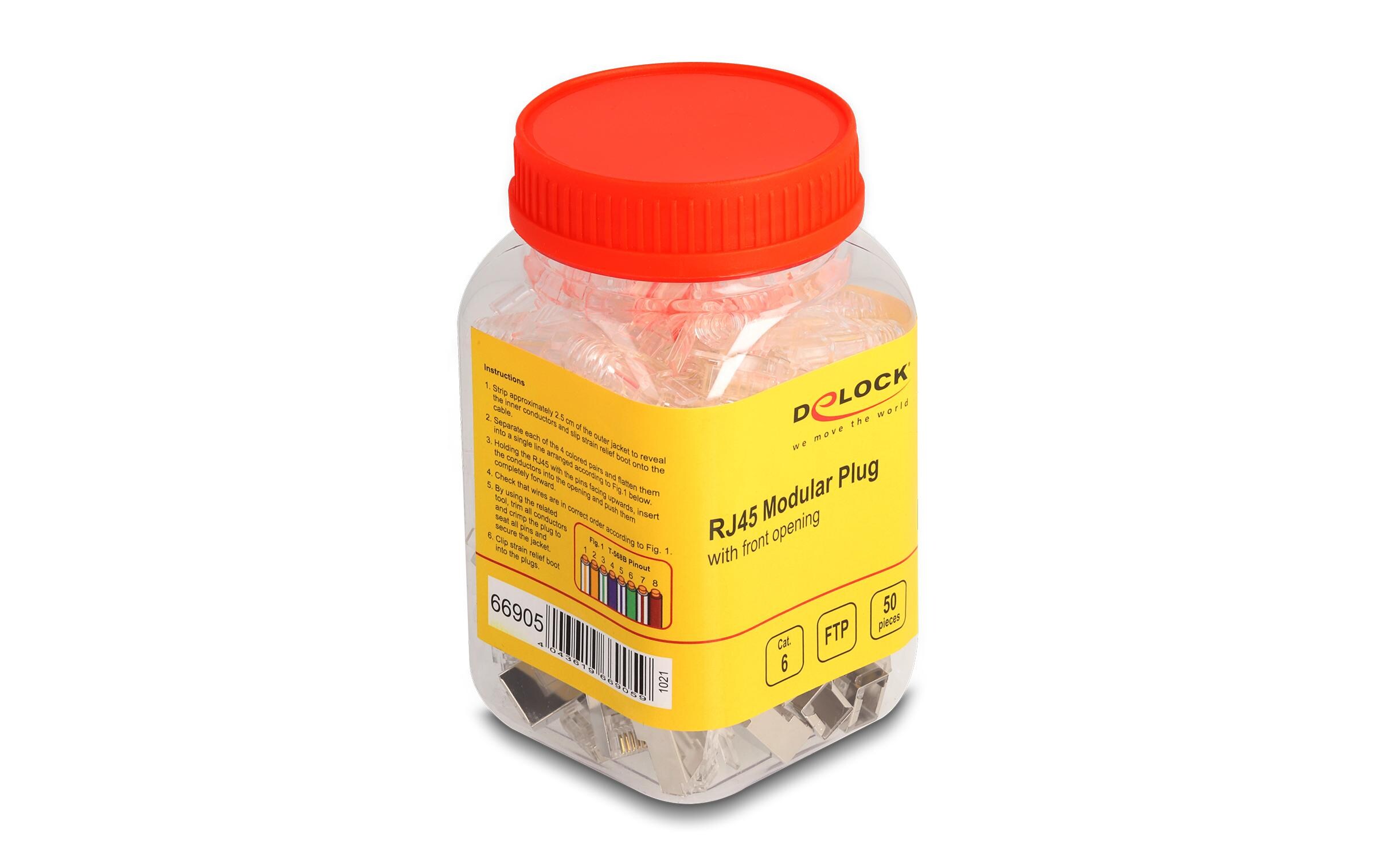 Stecker RJ45, FTP, Cat.6 50 Stück, TransparentDelock RJ45 Modularer Stecker mit vorderer Öffnung (easy connect) Cat.6 und Knickschutztülle 50er Set