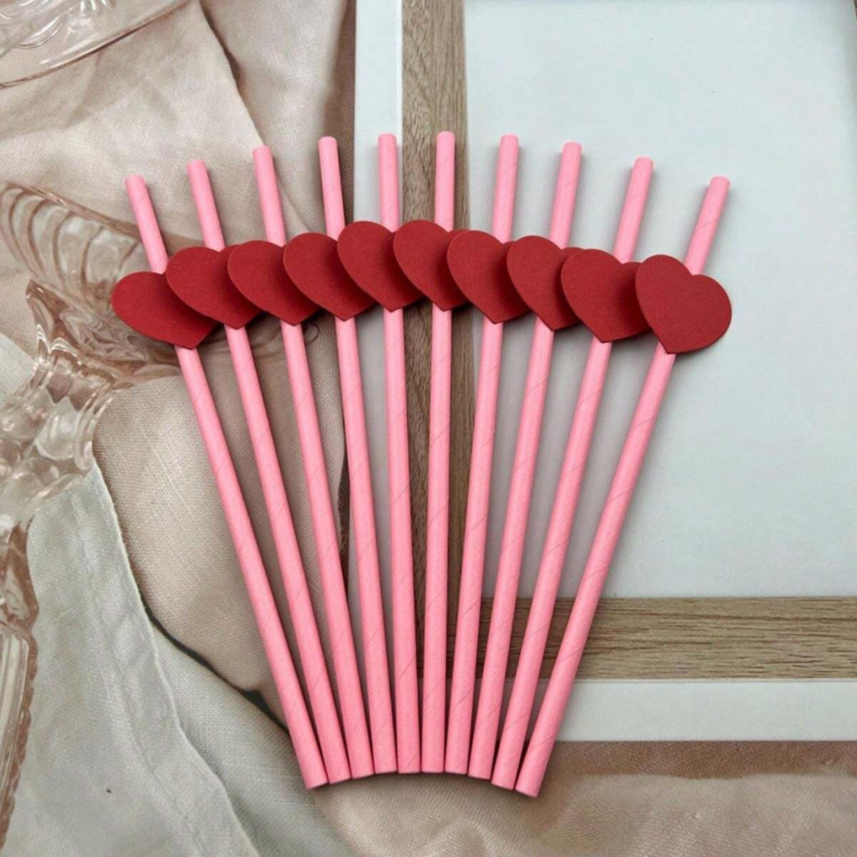 (100er Set) 20cm Papier Strohhalm Einweg Trinkhalm für Hochzeit / Valentinstag / Muttertag - Herz