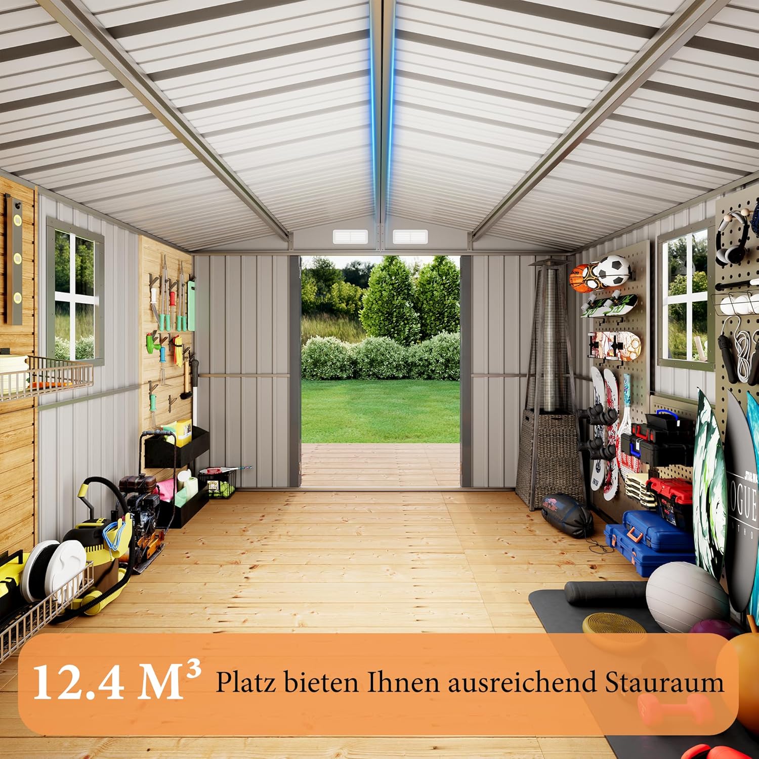 verzinktes Metall Gartenhaus mit Schrägdach 281x278x193cm, Geräteschuppen mit breiter Tür und Querfenster, als Gartenschuppen, Gartenhütte oder Fahrradgarage, 12 m³ Lagerfläche, Schwarz
