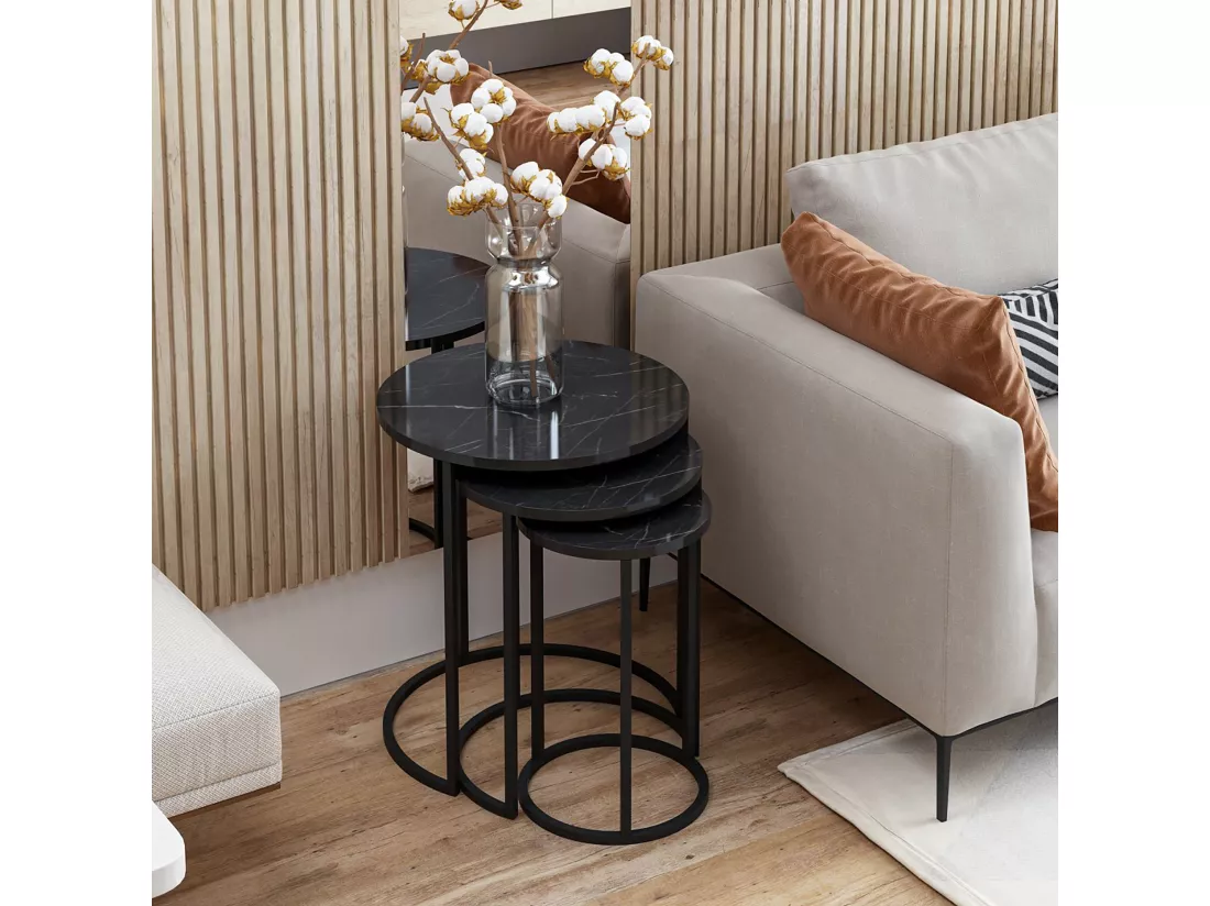 Set de 3 tables d'appoint Frederiksværk gigognes rondes marbre noir [en.casa]