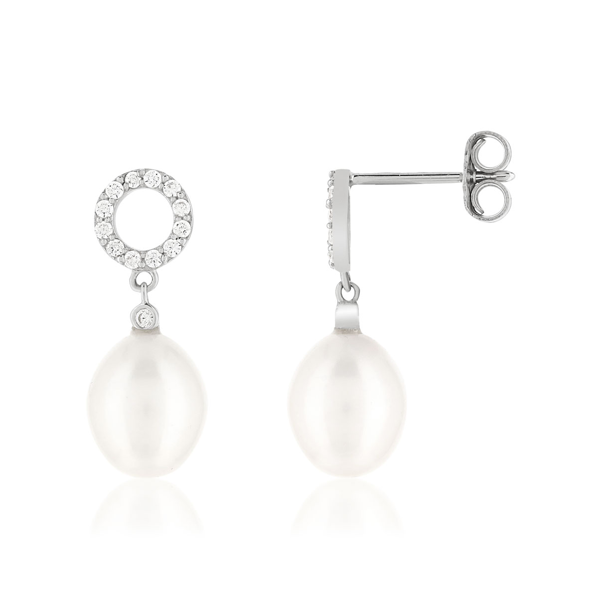 Boucles d'oreilles argent 925, motif cercle, perles de culture de Chine, zirconias.