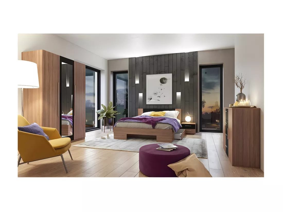 Commode 2 portes et 4 tiroirs 130cm. Collection IRINA couleur red wallnut et noir.