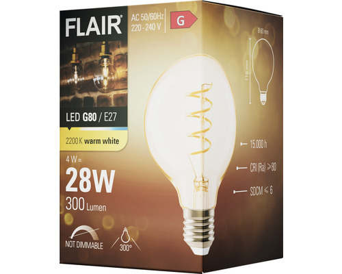 FLAIR LED Globe Lamp G80 amber spiraal E27/4W (28W) 300 lm 2200 K warm wit