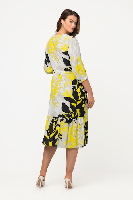 Midikleid, Blätterranken, Tunika-Ausschnitt, 3/4-Arm
