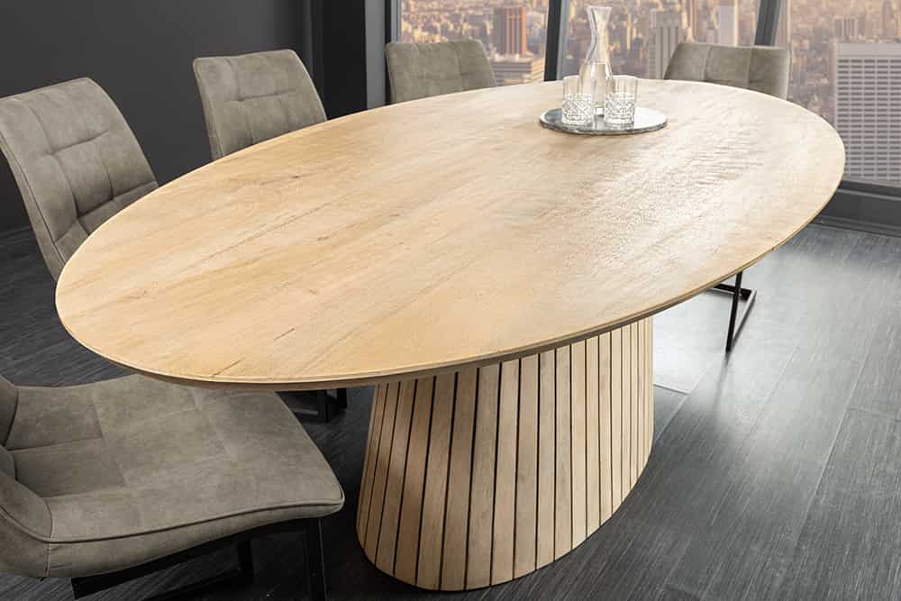 Ovaler Esstisch ART DECO 220cm weiß gekälkt massives Mangoholz mit Säulenfuß