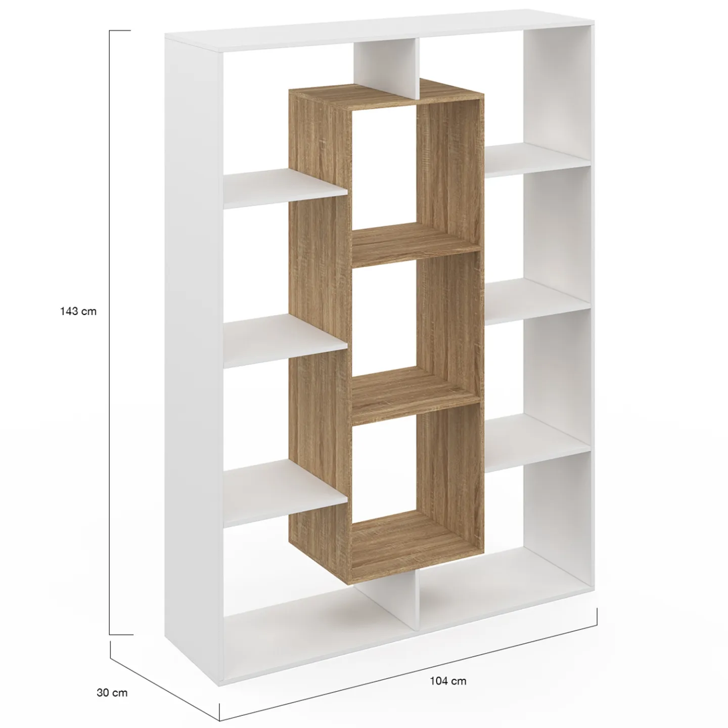 Etagère bibliothèque COLETTE avec 11 compartiments blanc et effet bois H.143 cm