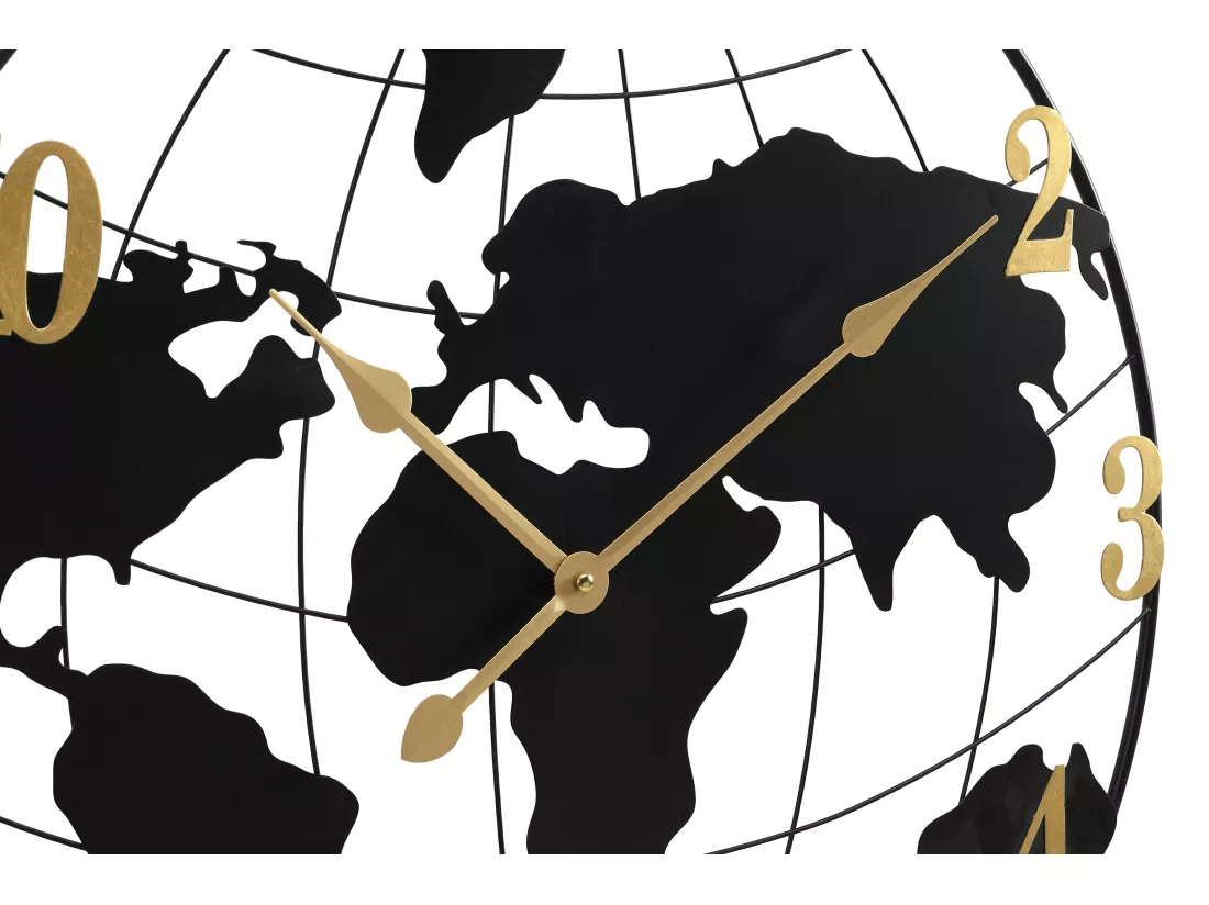 Horloge murale map monde en métal - D.60 cm - Noir et doré - WORDIA