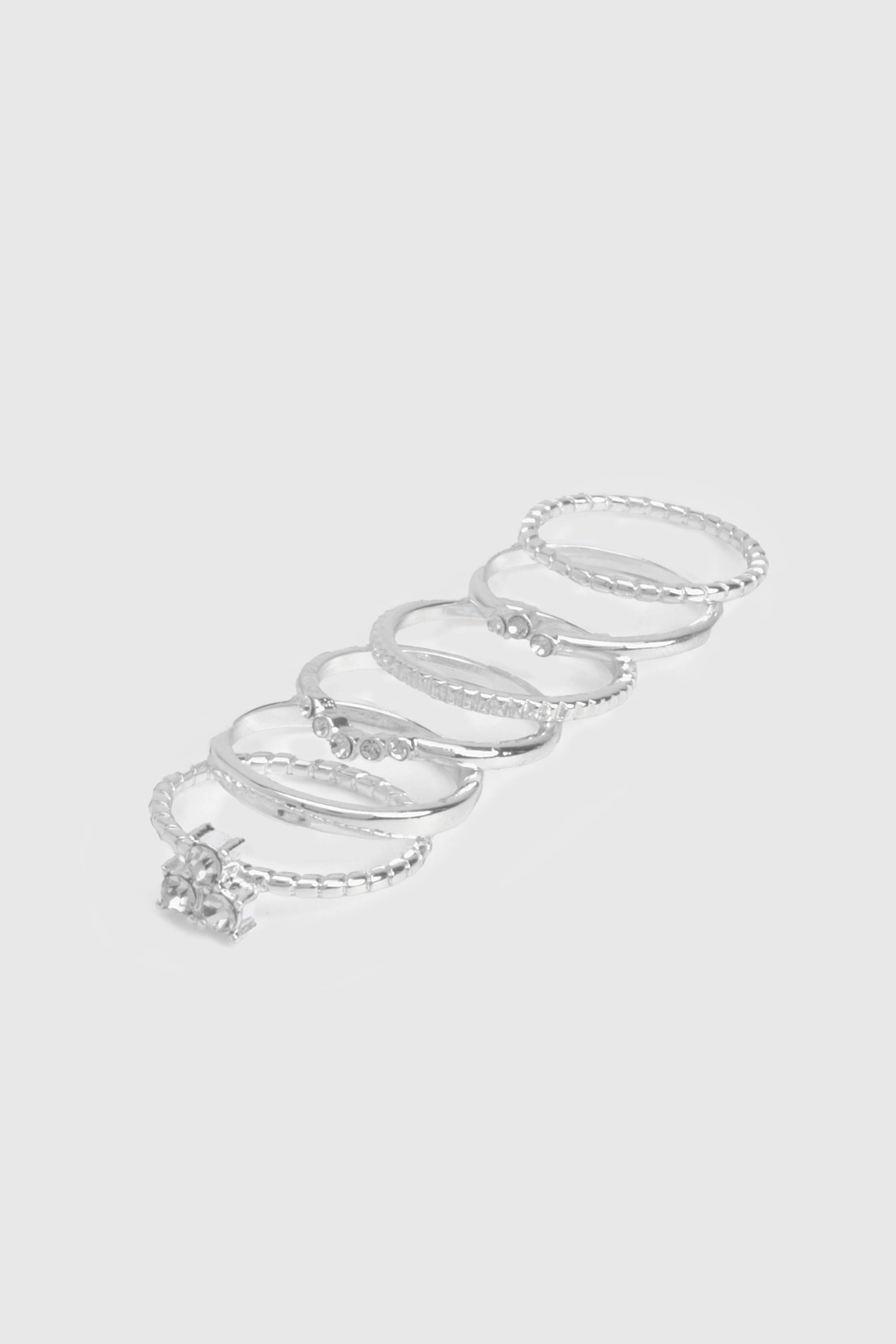 boohoo Bagues Silver Diamante Lot de 6