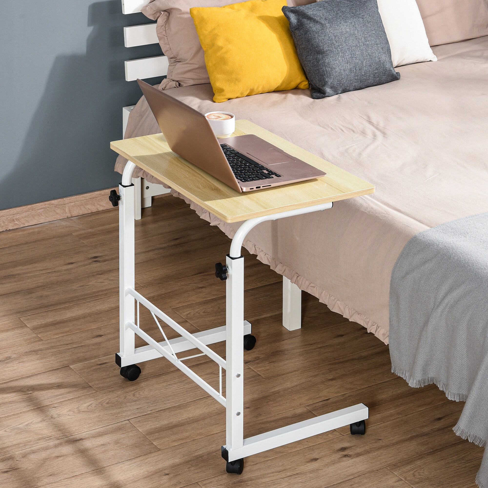 HOMCOM Beistelltisch mit Rädern und Bremsen natur B60 x T40 x H78 cm