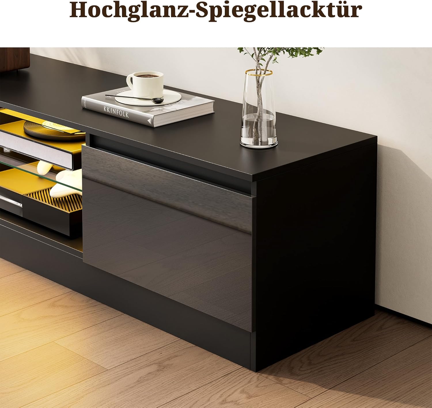 TV Schrank mit 16 Farben LED Beleuchtung und 2 Türen, 160 cm Lang, TV Board, Lowboard Stehend für Fernseher bis zu 70 Zoll, Fernsehtisch für Schlafzimmer, Wohnzimmer, Esszimmer, Schwarz (Schwarz)