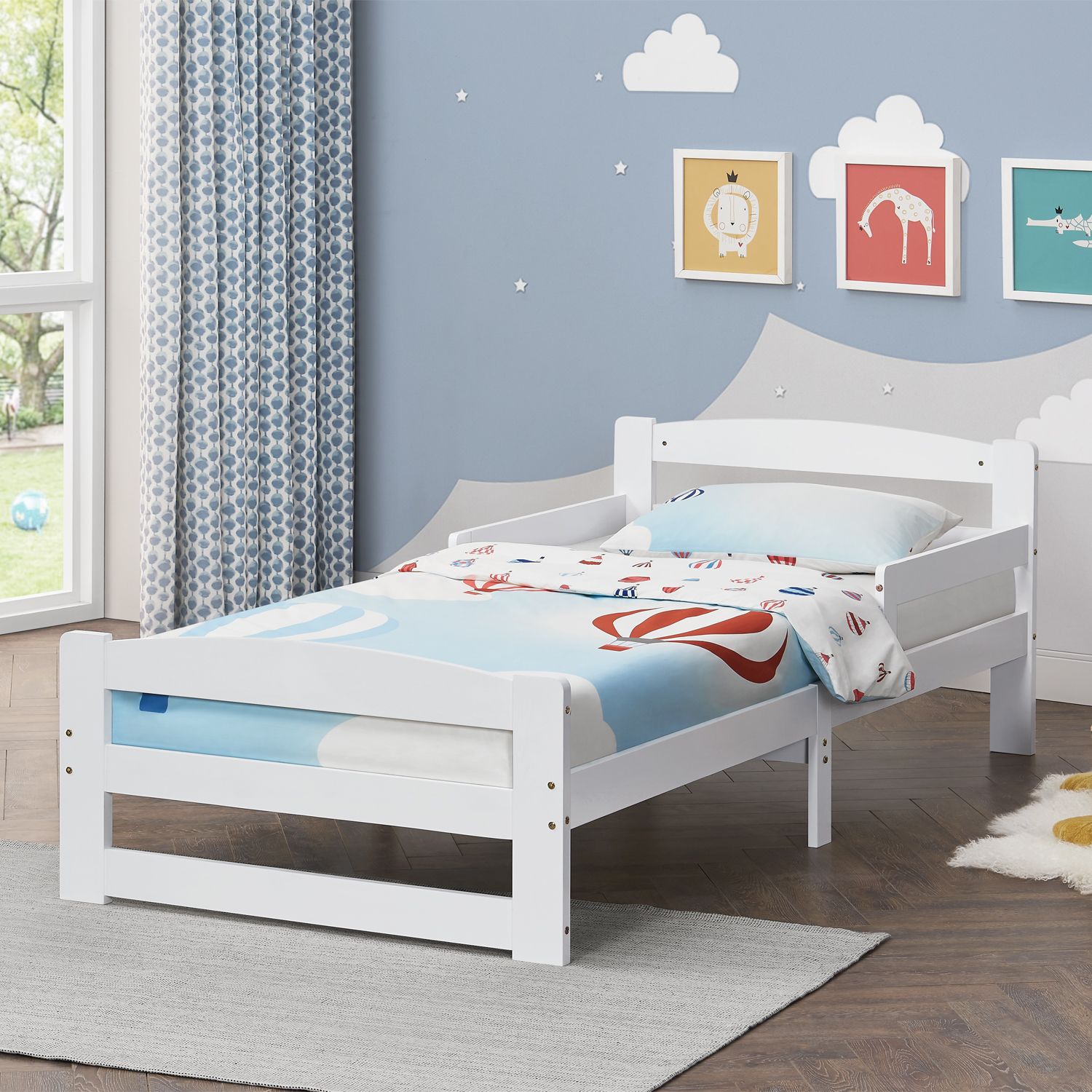 Juskys Jugendbett Arona 90x200 cm aus Massivholz mit Matratze H3 und Rausfallschutz in Weiß