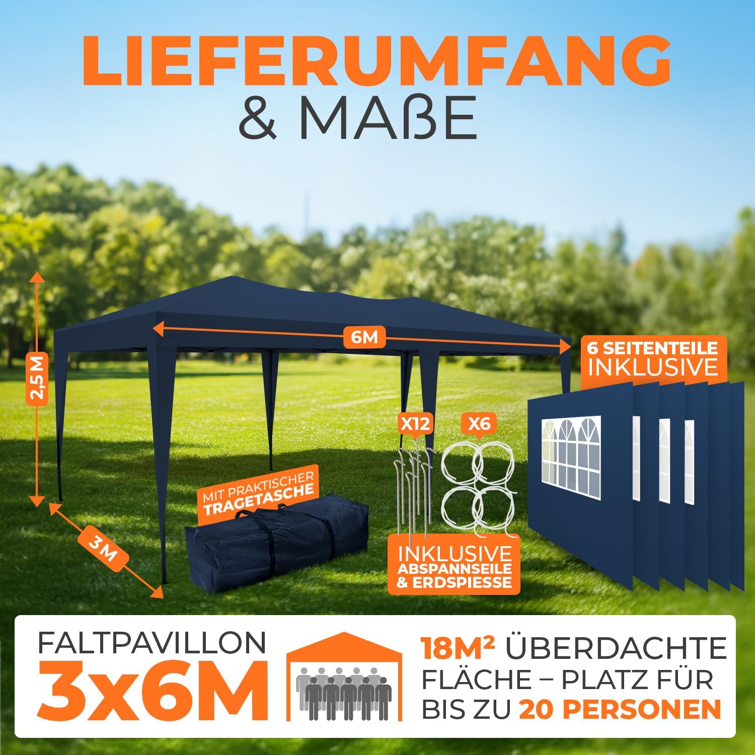Kronenburg Faltpavillon wasserdicht Pavillon mit 6 Seitenteilen, Gartenzelt, 3x6 m - mit UV Schutz 50+, Blau
