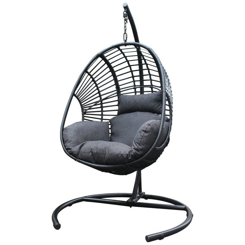 Cadeira de balanço tipo rede de vime, estilo ovo, para uso externo, no quintal ou em ambientes internos, com suporte e capa de chuva inclusa.