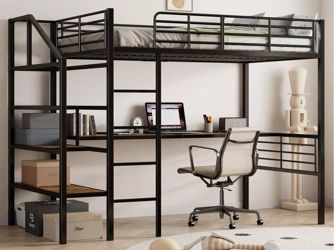 Lit mezzanine 90x200cm en métal - avec bureau et échelle de rangement - Noir