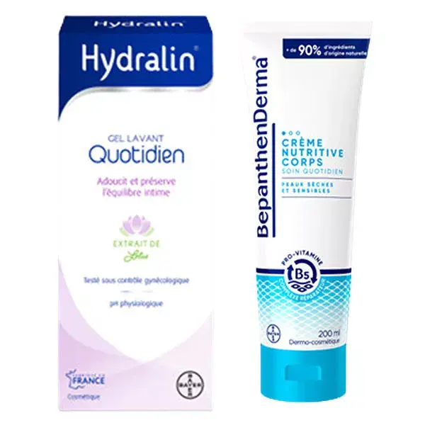 Loção Hidratante Diária Hydralin (frasco de 200ml) e Creme Nutritivo Corporal BepanthenDerma (tubo de 200ml)