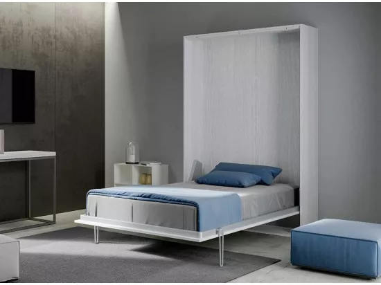 Lit escamotable vertical frêne blanc et porte marron kanto 120x190