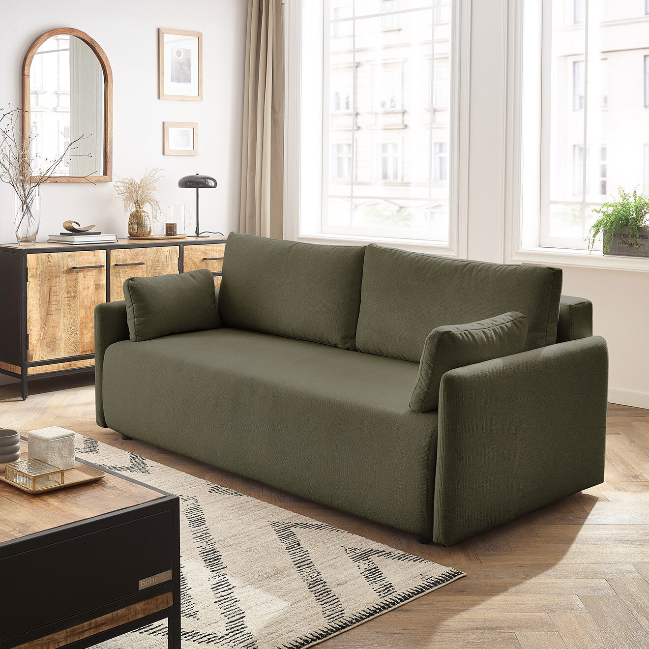 Bobochic Canapé droit convertible coffre marcel tissu lisse vert - 211x100x86 cm