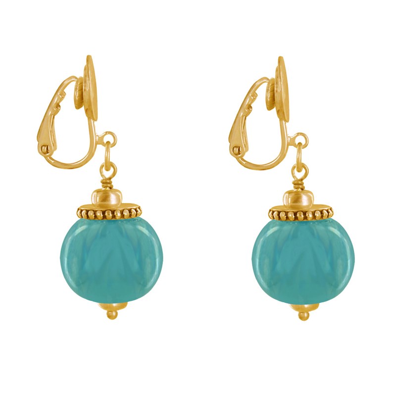 Boucles d'Oreilles Clip Métal Doré et Grosses Perles en Céramique