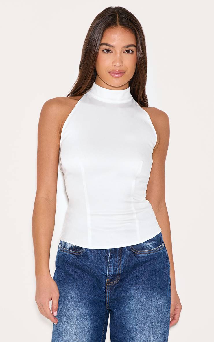 Blanc Top Tissé À Col Montant Avec Détail Nœud
