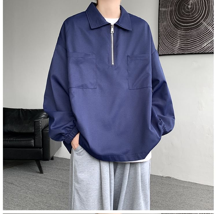 POSI - Sweatshirt met lange mouwen, effen polohals en halve rits