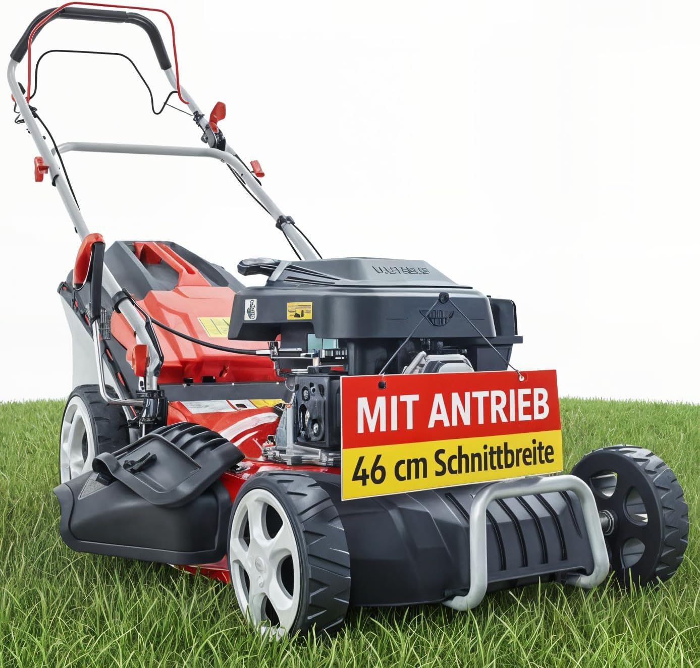 HECHT 5IN1 Rasenmäher Benzin – Bequemer Selbstantrieb - Für Flächen bis 1000 m² - Starker 4 Takt Motor mit 46 cm Schnittbreite – Radantrieb – Mulchfunktion – Seitenauswurf - Rasenmäher Benzin