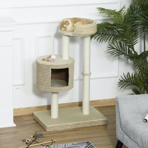 Arranhador multifuncional para gatos PawHut, bege e marrom.