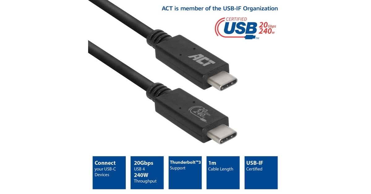 ACT ConnectivityUSB4® 20Gbps aansluitkabel C male - C male 1 meter USB-IF gecertificeerd  (Zwart)