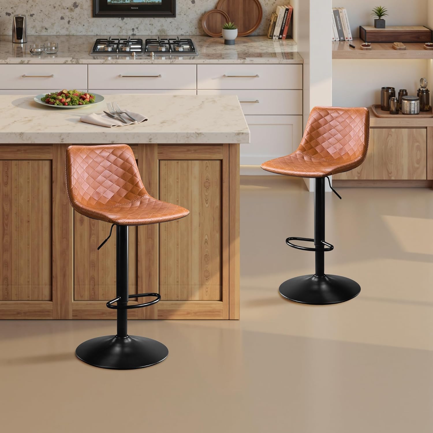 Barhocker 2er Set Höhenverstellbar Barstuhl mit Mikrofaser-Leder, Küchenhocker mit Lehne, Barhocker 360° Drehbar, Tresenhocker 150kg Belastbar für Küche, Esszimmer, Lobby-Braun
