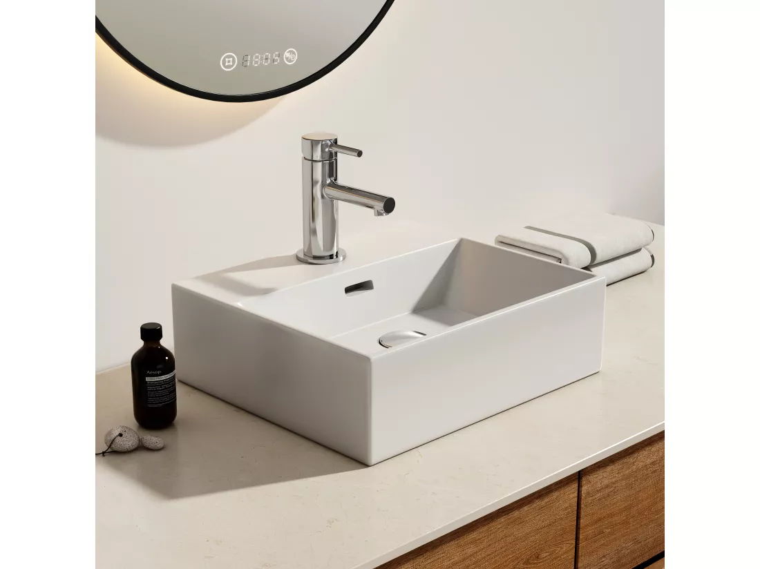 EMKE Vasque à Poser en céramique 41,5×36×13cm, Lavabo rectangulaire avec robinet trou prépercé, Lavabo à poser blanc brillant